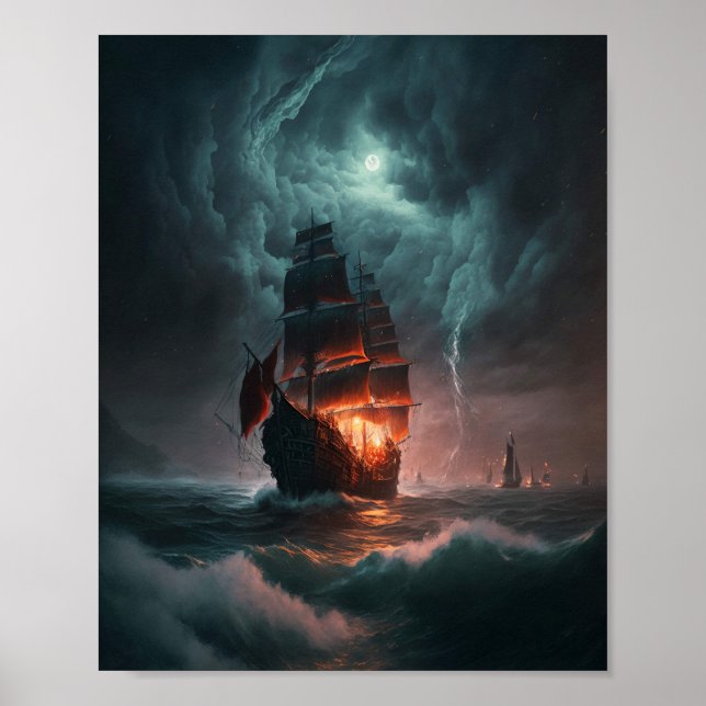Poster Ondas De Combate E Tempestade De Navios À Vela No  (Frente)