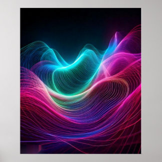 Poster Ondas de Neon em Arte Digital Abstrata Escura