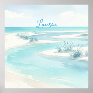 Poster ondas de praia em aquarela azul pastel nome editáv