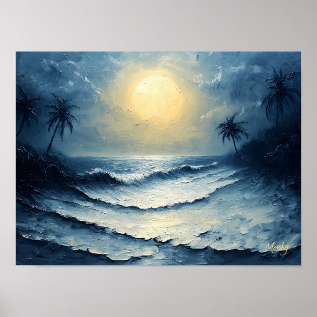 Poster Ondas do Oceano ao Luar – Paisagem Marítima Abstra (Frente)