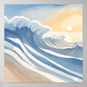 Poster Ondas do Oceano Aquarela Azul