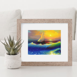 Poster Ondas do Oceano, Barco à Vela e Reflexo do Pôr do