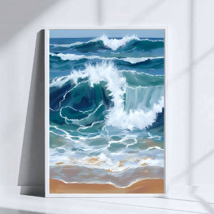 Poster Ondas do Oceano em Fúria Aquarela Azul Costeira