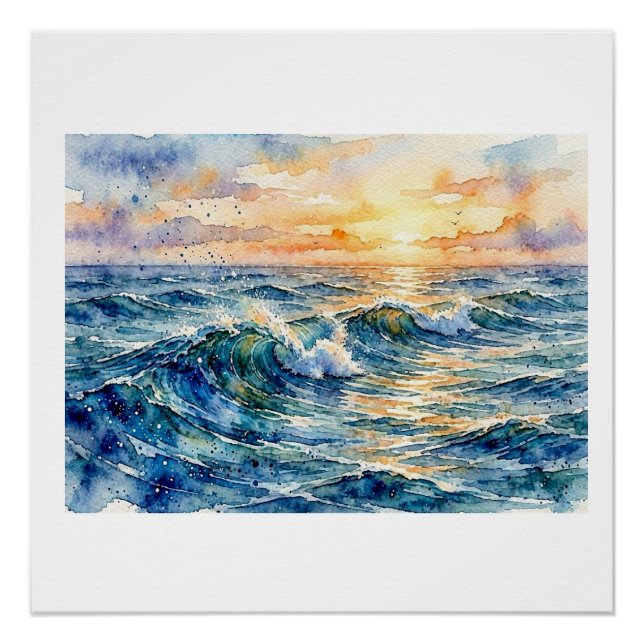 Póster Ondas do Oceano Iluminadas pelo Sol,  (Frente)