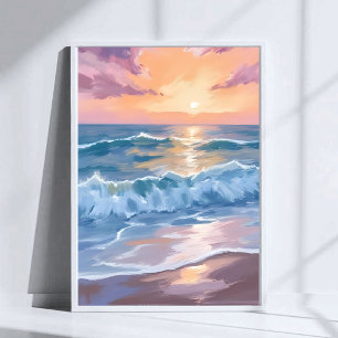 Poster Ondas do Oceano Pastel Pintura Marítima em Aquarel