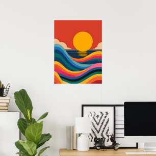 Poster Ondas do Oceano Pôr do Sol Retrô Abstrato Bauhaus 