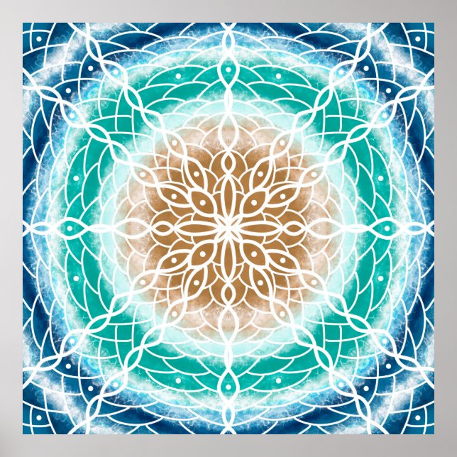 Poster Ondas do Oceano Redondo Mandala Teal e Turquesa (Frente)