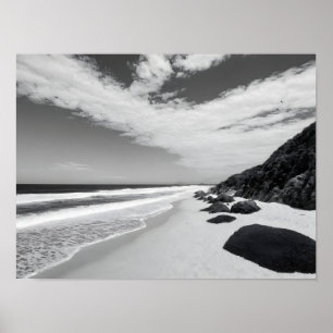 Poster Ondas do Oceano Rochoso Preto e Branco Paisagem Ma