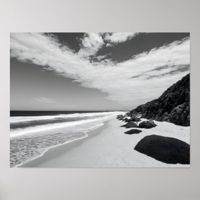 Poster Ondas do Oceano Rochoso Preto e Branco Paisagem Ma (Frente)