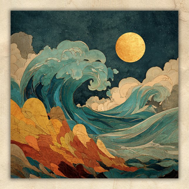 Poster Ondas do Oceano sob a Lua Cheia – Praia Costeira A (Full Moon Ocean Waves – Abstract Coastal Beach Poster)