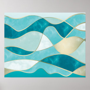 Poster Ondas Douradas Elegantes e Grunge Marble Teal 