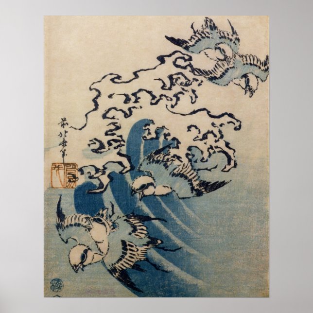 Póster Ondas e aves, c.1825 (impressão de bloco de madeir (Frente)