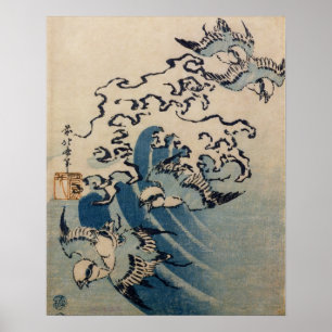 Póster Ondas e pássaros, c.1825 (impressão do woodblock