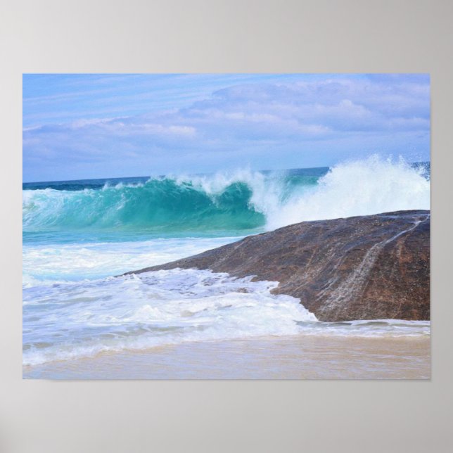 Poster Ondas Enormes Dramáticas na Costa Rocha Oceano Azu (Frente)
