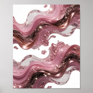 POSTER ONDAS LÍQUIDAS 3D ABSTRATAS COM FAÍSCAS E GEMAS