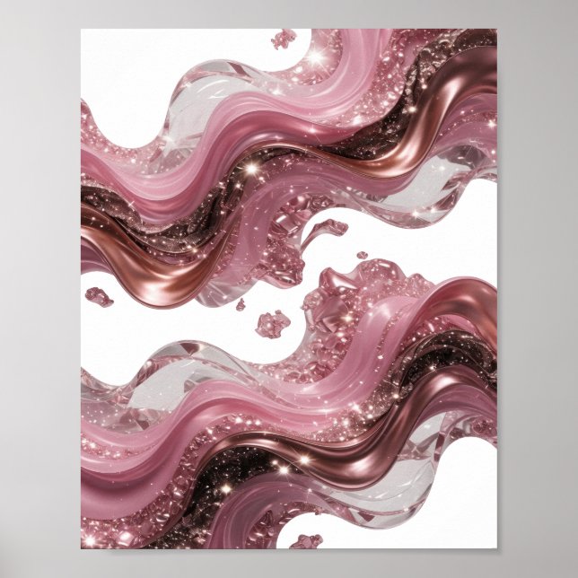 POSTER ONDAS LÍQUIDAS 3D ABSTRATAS COM FAÍSCAS E GEMAS (Frente)