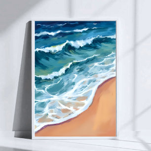 Poster Ondas Oceânicas Azul Aquarela Costeira