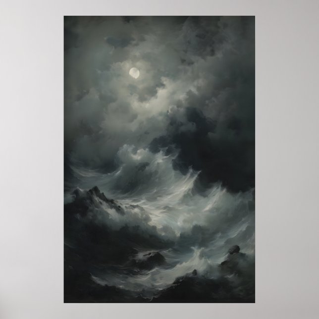 Poster Ondas Oceânicas Violentas Lua Cheia Paisagem Marít (Frente)