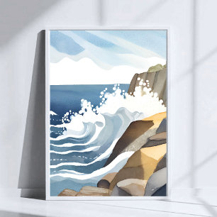 Poster Ondas Quebrando Aquarela de Costa Rochosa