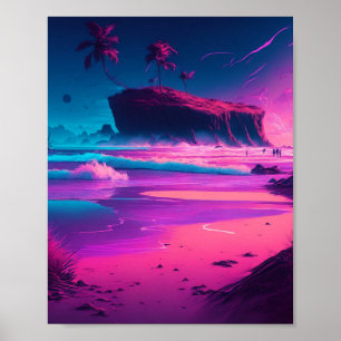 Poster Ondas tropicais cor-de-rosa e púrpura e palmeiras