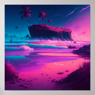 Poster Ondas Tropicais Rosa e Roxo e Palmeiras