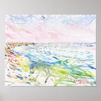 Poster Ondas Turquesa Expressivas e Céu Rosa Aquarela