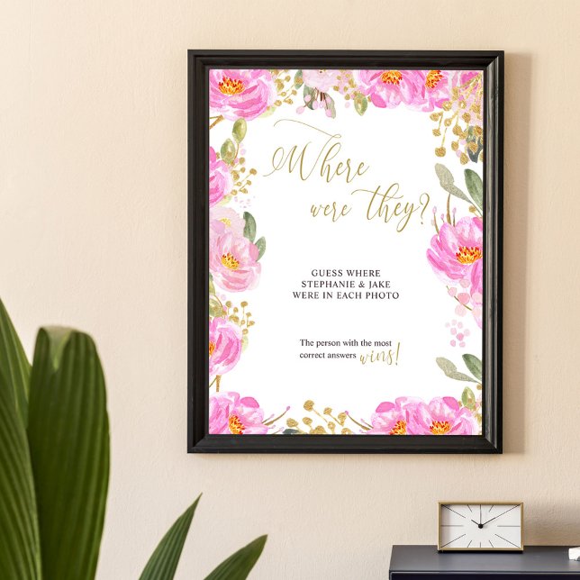 Poster Onde Eles Estavam O Chá de panela De Casamento Flo (Where were they wedding shower photo game poster from my Pink and Gold Watercolor Floral Collection)