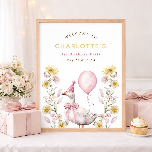 Poster One Silly Goose Pink Bow 1st Birthday Welcome  (Welcome Sign Poster)