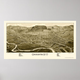 Póster Oneonta, mapa panorâmico de NY - 1884
