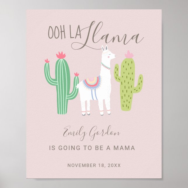 Poster Ooh La Llama Chá de fraldas bebê linda rosa (Frente)