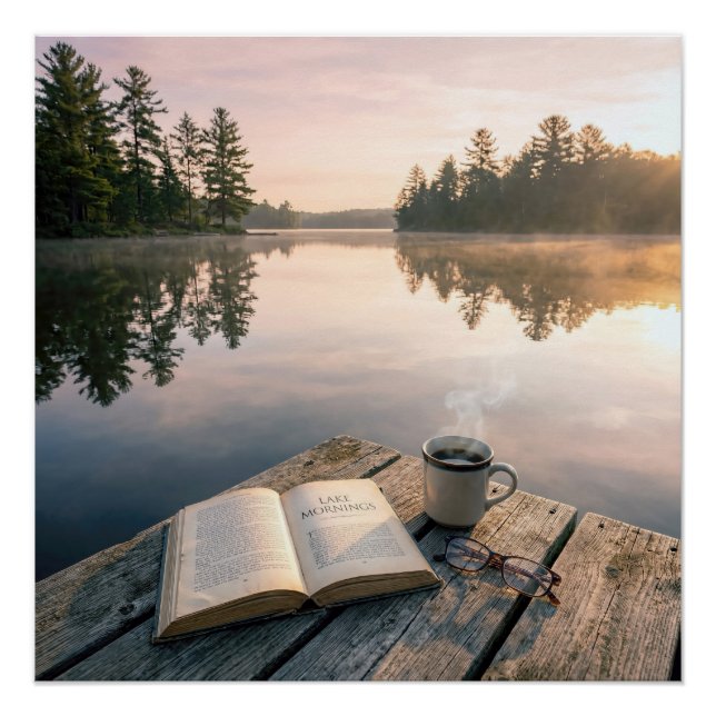 Póster Open Book With Coffee On a Lake Dock (Frente)