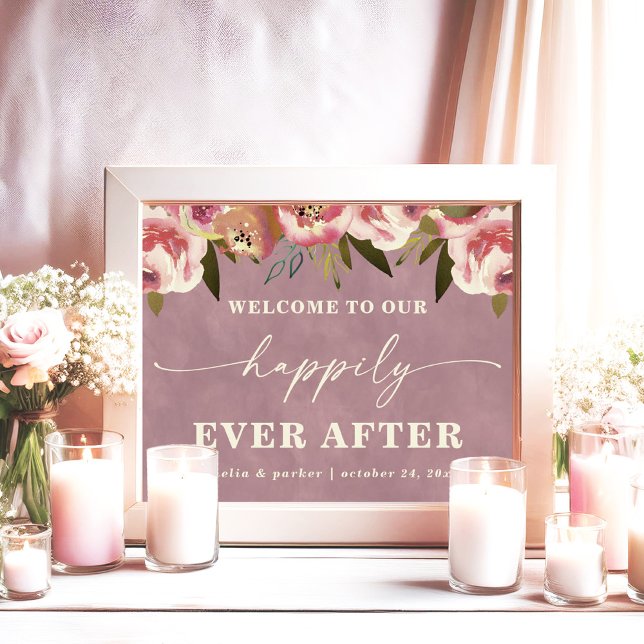 Poster Ophelia Dusty Rosa Floral Feliz Para Sempre Após O (Say "I DO" to Romantic Watercolor Florals and a Cottagecore Vibe with the Ophelia Wedding Suite.)