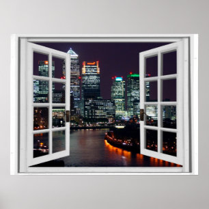 Póster Opinião da janela do falso da cidade do nighttime