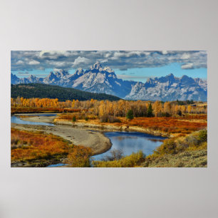 Poster Opinião grande do rio das montanhas de Teton no