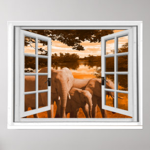 Póster Opinião Trompe do por do sol dos elefantes - l '