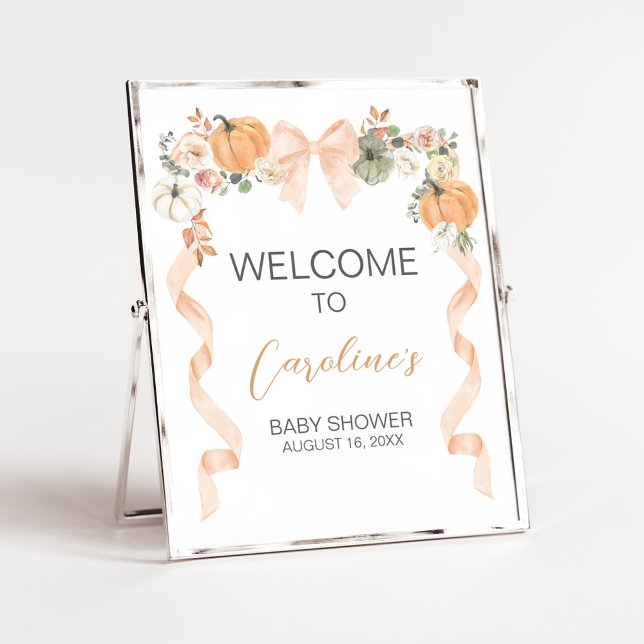Poster Orange Bow Pumpkin Baby Shower Welcome Sign (Orange Pumpkin Baby Shower Welcome Sign)