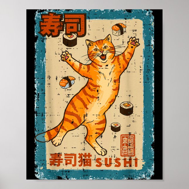 Poster Orange Cat Jumng With Sushi Japanese Food Men Wome (Frente)