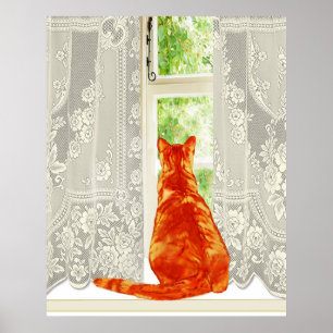 Poster Orange Cat Olhando para a Janela Arte Tradicional