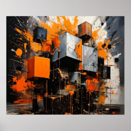 Poster Orange Cubes Explosion Geometric Abstract