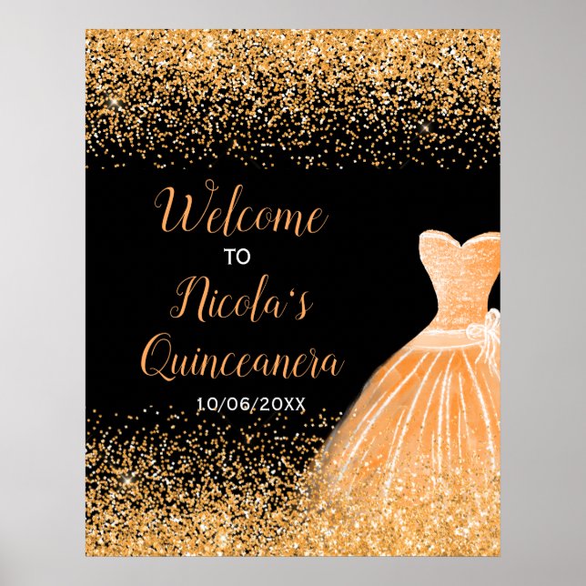 Poster Orange Dress Faux Glitter Quinceanera Bem-vindo (Frente)