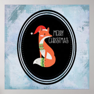Póster Orange Fox in Red Santa Hat Feliz Natal