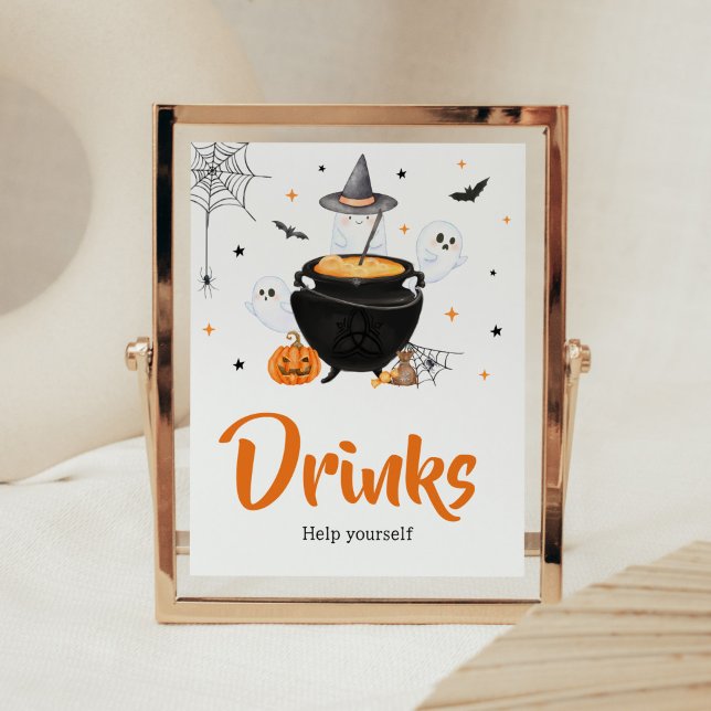 Poster Orange Ghost Halloween Baby está preparando bebida (Baby is Brewing Baby Shower Drinks Sign)