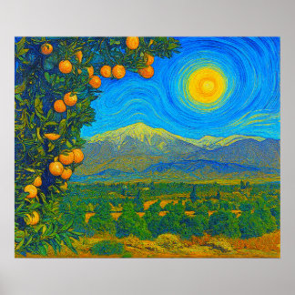 Poster Orange Groves Snow Capped Mount Baldy No início do