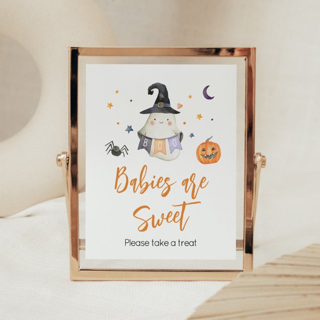 Poster Orange Halloween Ghost Little Boo Babies são doces (Little Boo Baby Shower Babies are Sweet Sign)