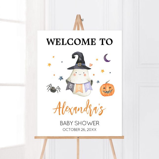 Poster Orange Halloween Ghost Little Boo Bem-vindo (Little Boo Baby Shower Welcome Sign)