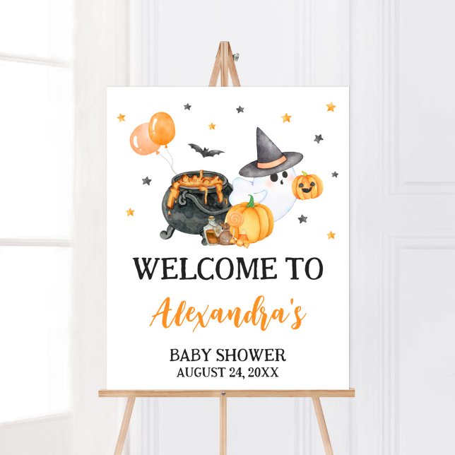 Poster Orange Little Boo Chá de fraldas Ghost Bem-vindo (Ghost Halloween Baby Shower Welcome Sign)