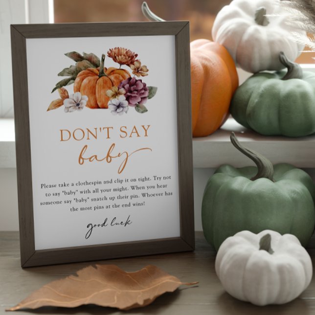 Poster Orange Não Diga Jogo de Bebê (Don't Say Baby Game Sign Baby Shower Fall Pumpkins)