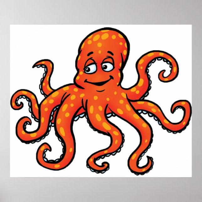 Poster Orange Octopus Cartoon Ocean Sea Creature (Frente)