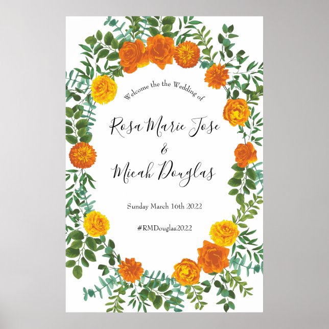 Poster Orange Rosa Wedding Floral Modern (Frente)