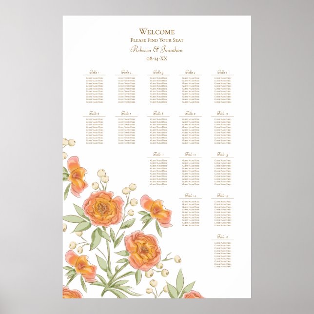 Poster Orange Rose Wedding Seating Chart (Frente)